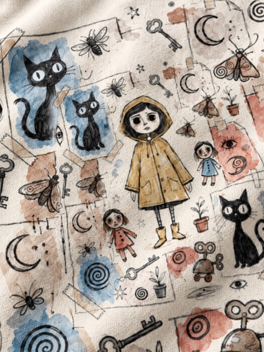 Horror Black Cat And Whimsical Illustration Cream Graphic T-Shirt - Picture 3 of 3